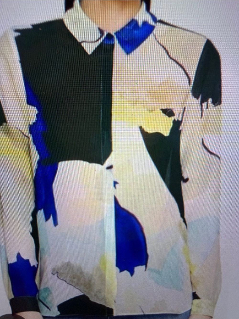 Reiss Celina Abstract Watercolor Button-Down Blouse in Blue, Black, Cream